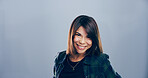 Studio, smile and portrait of woman in business with confidence, mockup space and ambition. Creative professional, entrepreneur and happy face with about us, career opportunity and grey background