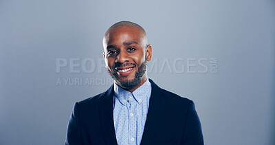 Buy stock photo Studio, smile and portrait of black man in business with confidence, mockup space and ambition. Creative professional, entrepreneur and happy face for about us, career opportunity and grey background