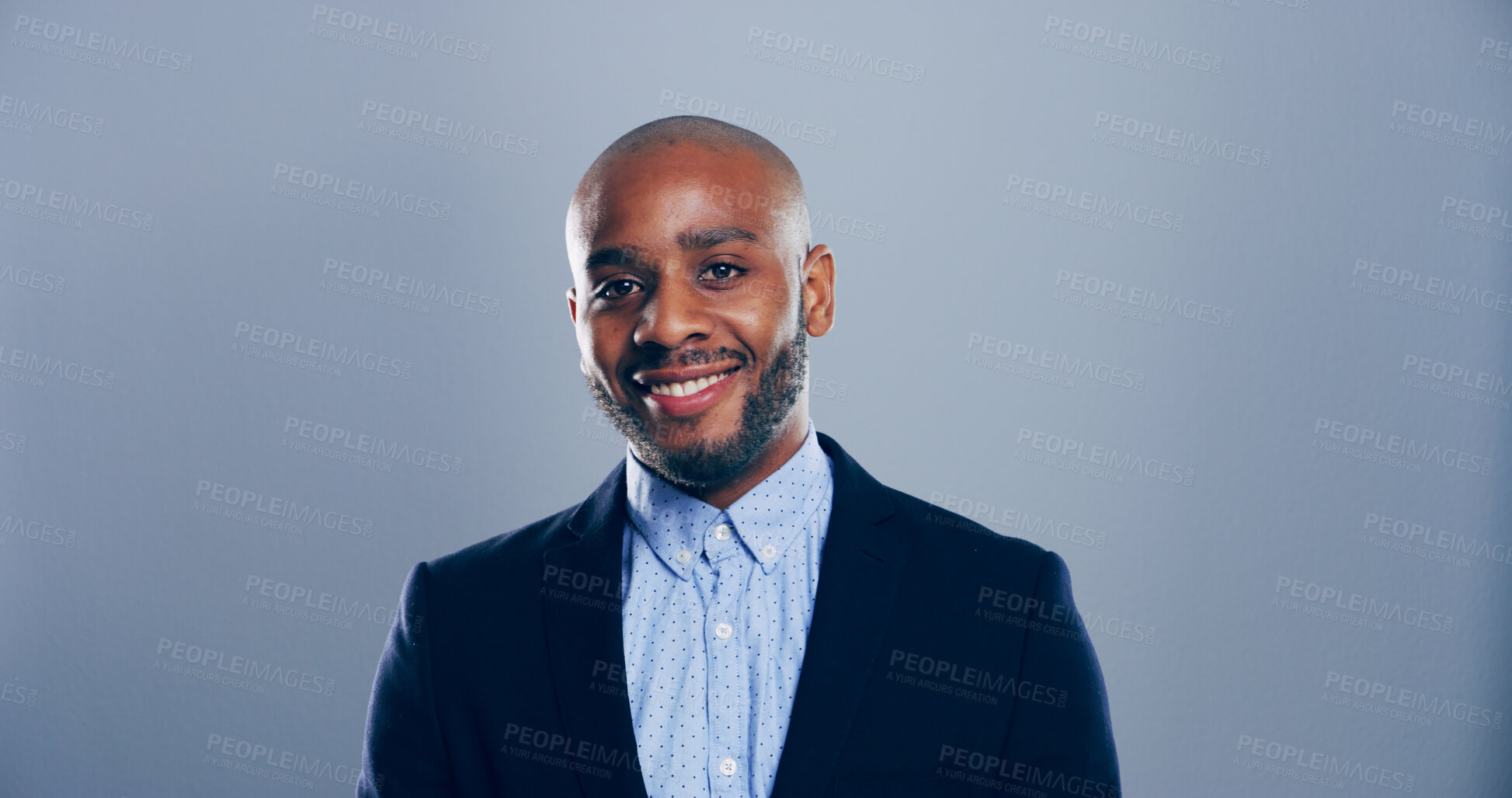 Buy stock photo Studio, smile and portrait of black man in business with confidence, mockup space and ambition. Creative professional, entrepreneur and happy face for about us, career opportunity and grey background