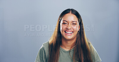 Buy stock photo Portrait, woman and happy with laugh in studio for confidence, joke and good mood on gray background. Comic, model and smile with carefree personality for comedy, humor or funny reaction to meme