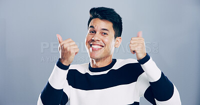 Buy stock photo Dance, portrait and thumbs up with happy man in studio for celebration, clubbing or party fun. Music, smile and success with excited dancer person on gray background mockup for choreography or rhythm