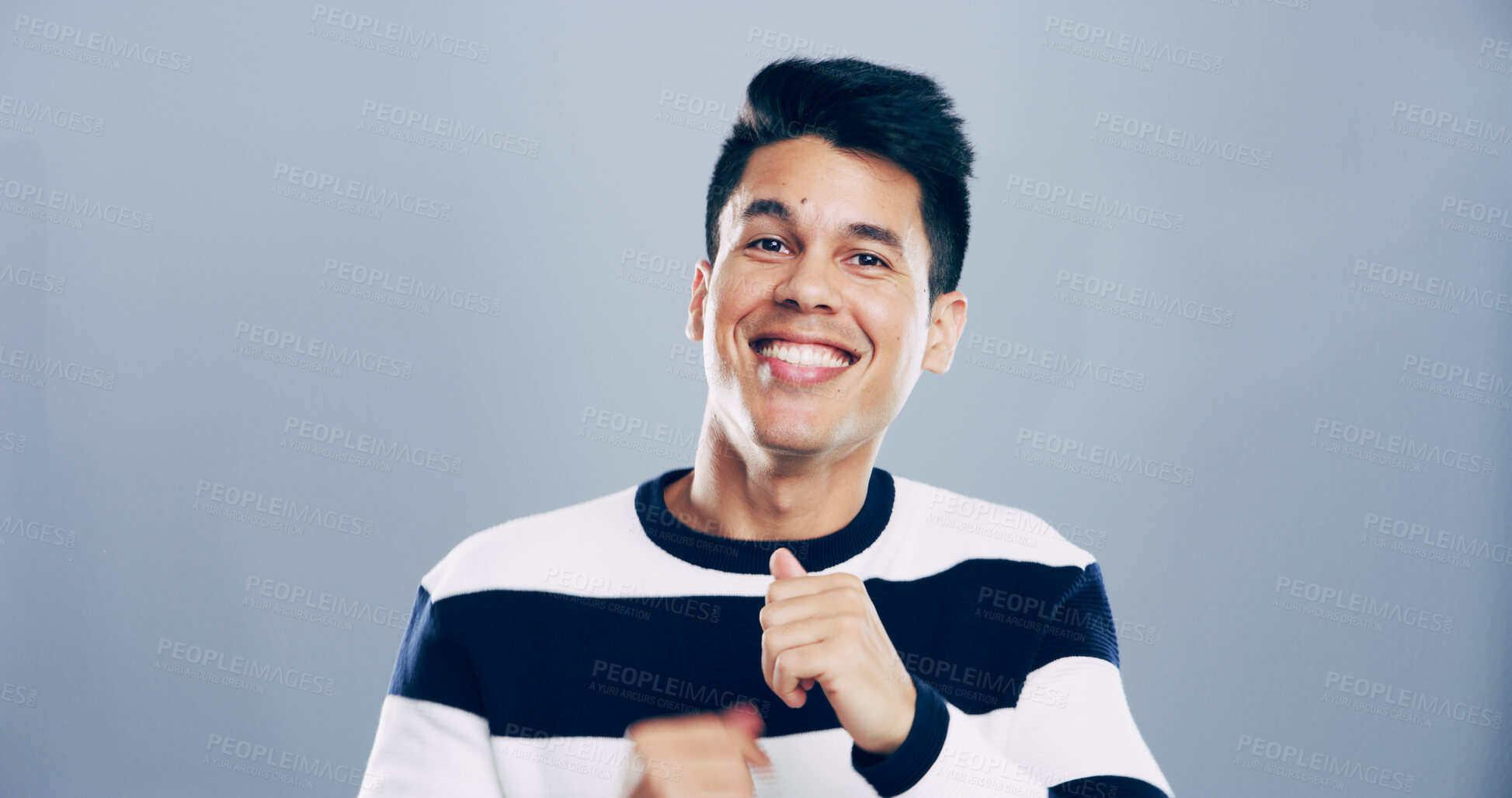 Buy stock photo Celebration, dancing and man with smile, studio and excited for new job, success or graphic designer. Portrait, creative and achievement for person with career growth, grey background or mockup space