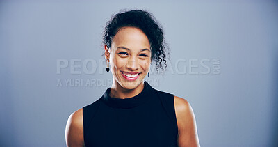 Buy stock photo Happy woman, portrait and business with positive expression or emotion on a studio background. Face, female person or model with smile for career, friendly attitude or self confidence on mockup space
