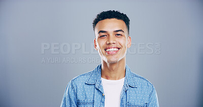 Buy stock photo Fashion, studio and portrait of man, happy and excited for scholarship in university, trendy or outfit. Mockup space, blue background and person with stylish clothes, student or guy with smile in USA
