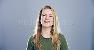 Buy stock photo Confidence, smile and portrait of woman in studio with sustainability, mockup space and conservation. Ecologist, environmental consultant and happy face of professional on gray background with pride