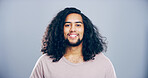 Happy man, portrait or hairstyle with positive expression, behaviour or emotion on a studio background. Face, male person or hipster model with smile for friendly attitude or self confidence on space