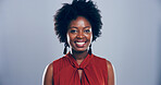 Happy, black woman or portrait with positive attitude, expression or behaviour on a studio background. Face, female person or model with smile for friendly business or self confidence on mockup space