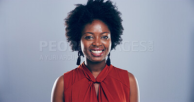 Buy stock photo Happy, black woman or portrait with positive attitude, expression or fashion on a studio background. Face, female person or model with smile for friendly business or self confidence on mockup space