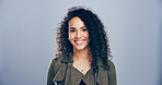 Happy woman, portrait and business with positive attitude, expression or behaviour on a studio background. Face, female person or model with smile for friendly emotion or self confidence on space