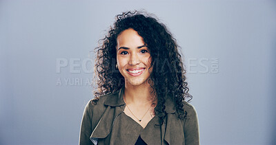 Buy stock photo Happy woman, portrait and business with positive attitude, expression or career pride on a studio background. Face, female person or model with smile for friendly emotion or self confidence on space