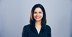 Happy woman, portrait and business with positive attitude, expression or behaviour on a studio background. Creative, female person or model with smile for friendly emotion or self confidence on space