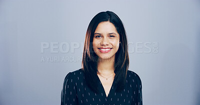 Buy stock photo Happy woman, portrait and business with positive attitude or expression on a studio background. Creative, female person or model with smile for friendly emotion or self confidence on mockup space