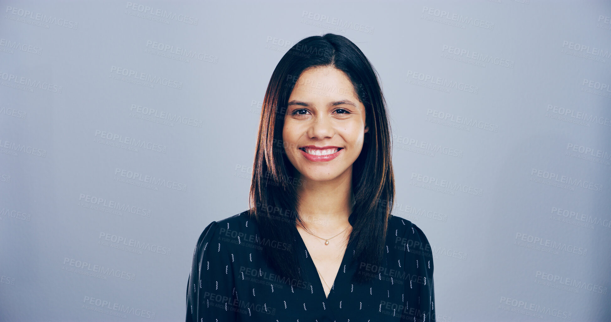 Buy stock photo Happy woman, portrait and business with positive attitude or expression on a studio background. Creative, female person or model with smile for friendly emotion or self confidence on mockup space