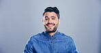 Fashion, studio and portrait of man, trendy and excited for scholarship in university, happy or outfit. Mockup space, blue background and person with stylish clothes, student or guy with smile in USA