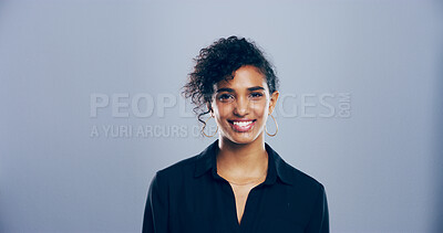 Buy stock photo Happy woman, portrait and business with designer fashion, style or expression on a studio background. Creative, female person or model with smile, friendly emotion or self confidence on mockup space