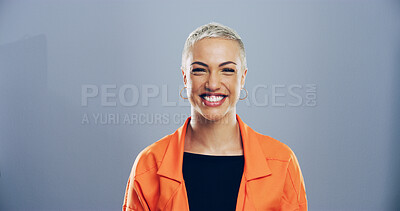 Buy stock photo Small business, creative and portrait of woman in studio with confidence, mockup space and gen z style. Female artist, fashion designer and happy face of professional on gray background with smile