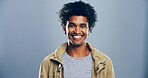 Fashion, studio and portrait of man, excited and happy for scholarship in university, trendy and outfit. Mockup space, blue background and person with stylish clothes, student and guy with smile