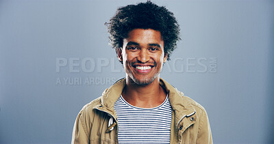 Buy stock photo Fashion, studio and portrait of man, excited and happy for scholarship in university, trendy and outfit. Mockup space, gray background and person with stylish clothes, student and guy with smile