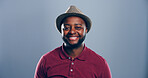 Fashion, studio and man with hat, portrait and excited for scholarship in university, trendy or outfit. Mockup space, blue background and person with stylish clothes, happy or guy with smile in Kenya