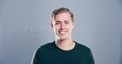 Buy stock photo Fashion, studio and portrait of man, stylish and excited for scholarship in university, happy or outfit. Mockup space, blue background and person with trendy clothes, student or guy with smile in USA