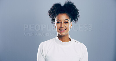 Buy stock photo Happy, confident and portrait of woman in studio with education career by mockup space. Professional, face and female teacher from Colombia with pride for elementary school job by gray background.