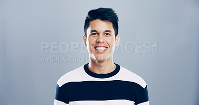 Buy stock photo Fashion, studio and man with smile, stylish and excited for scholarship in university, happy and portrait. Mockup space, grey background and person with trendy clothes, student and outfit in USA