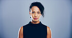 Serious, business and portrait of woman in studio for freelance career, editing and journalism. Mockup space, professional and isolated person for news agency, publisher and job on gray background