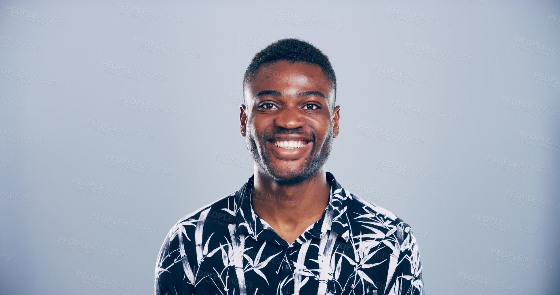 Buy stock photo Black man, smile and studio portrait with creative employee, pride and confident for freelance career on blue background. Writer, freelancer or author person with professional face by mockup space.