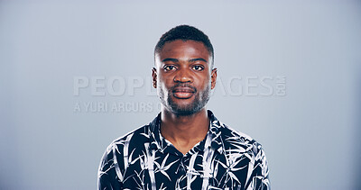 Buy stock photo Business, creative and portrait of African man in studio for startup company, entrepreneurship and career. Professional, serious and person on mockup space for textile industry on gray background