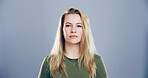 Portrait, space and student with woman in studio for development, education or learning. College, scholarship and university with serious person on gray background mockup for back to school or study