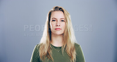 Buy stock photo Portrait, space and student with woman in studio for development, education or learning. College, scholarship and university with serious person on gray background mockup for back to school or study