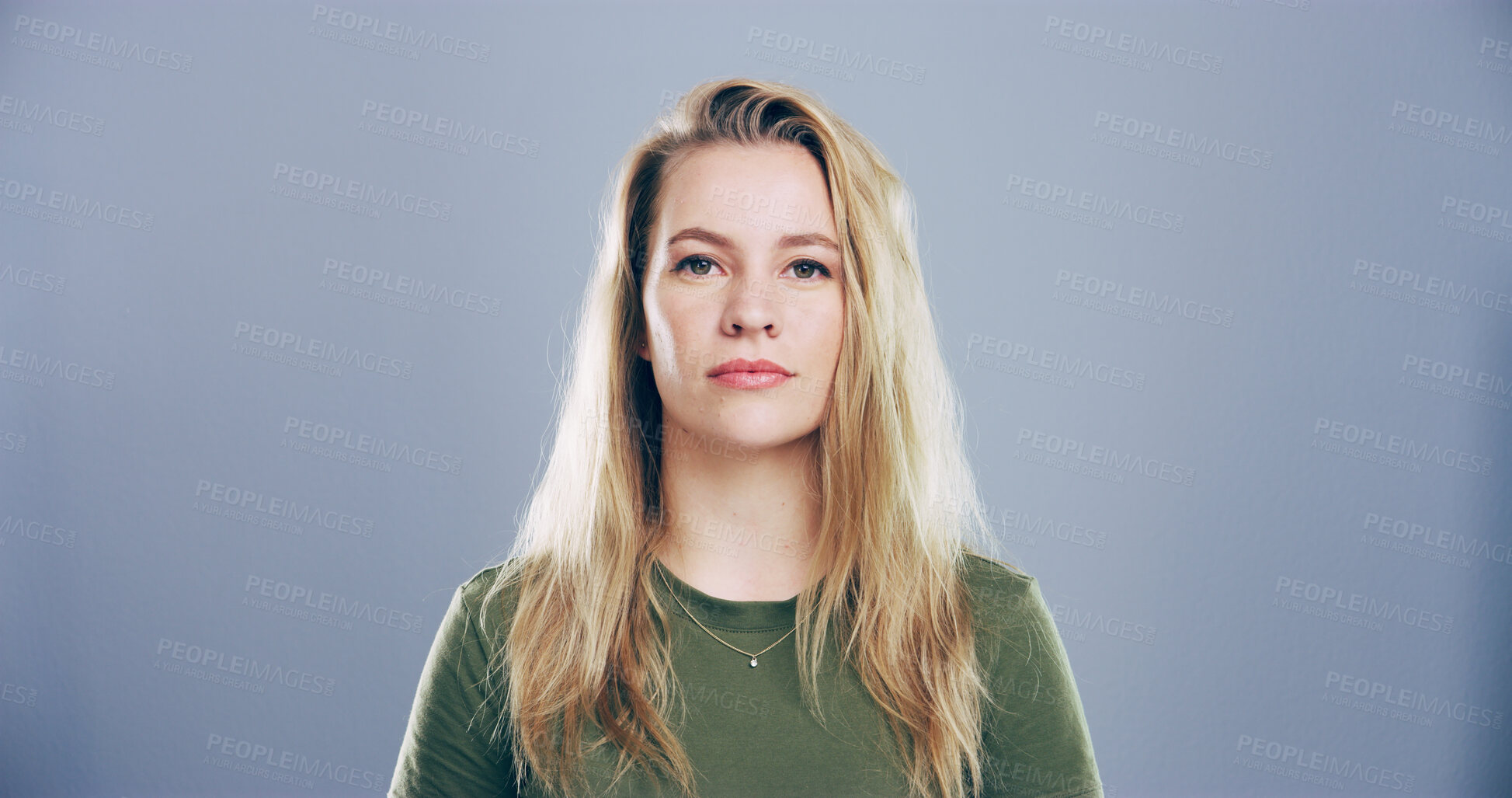 Buy stock photo Portrait, space and student with woman in studio for development, education or learning. College, scholarship and university with serious person on gray background mockup for back to school or study