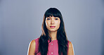 Portrait, space and scholarship with woman in studio for development, education or learning. College, student and university with confident person on gray background mockup for back to school  study