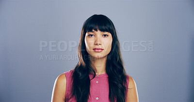 Buy stock photo Portrait, space and scholarship with woman in studio for development, education or learning. College, female student and university with confident person on gray background mockup for school study