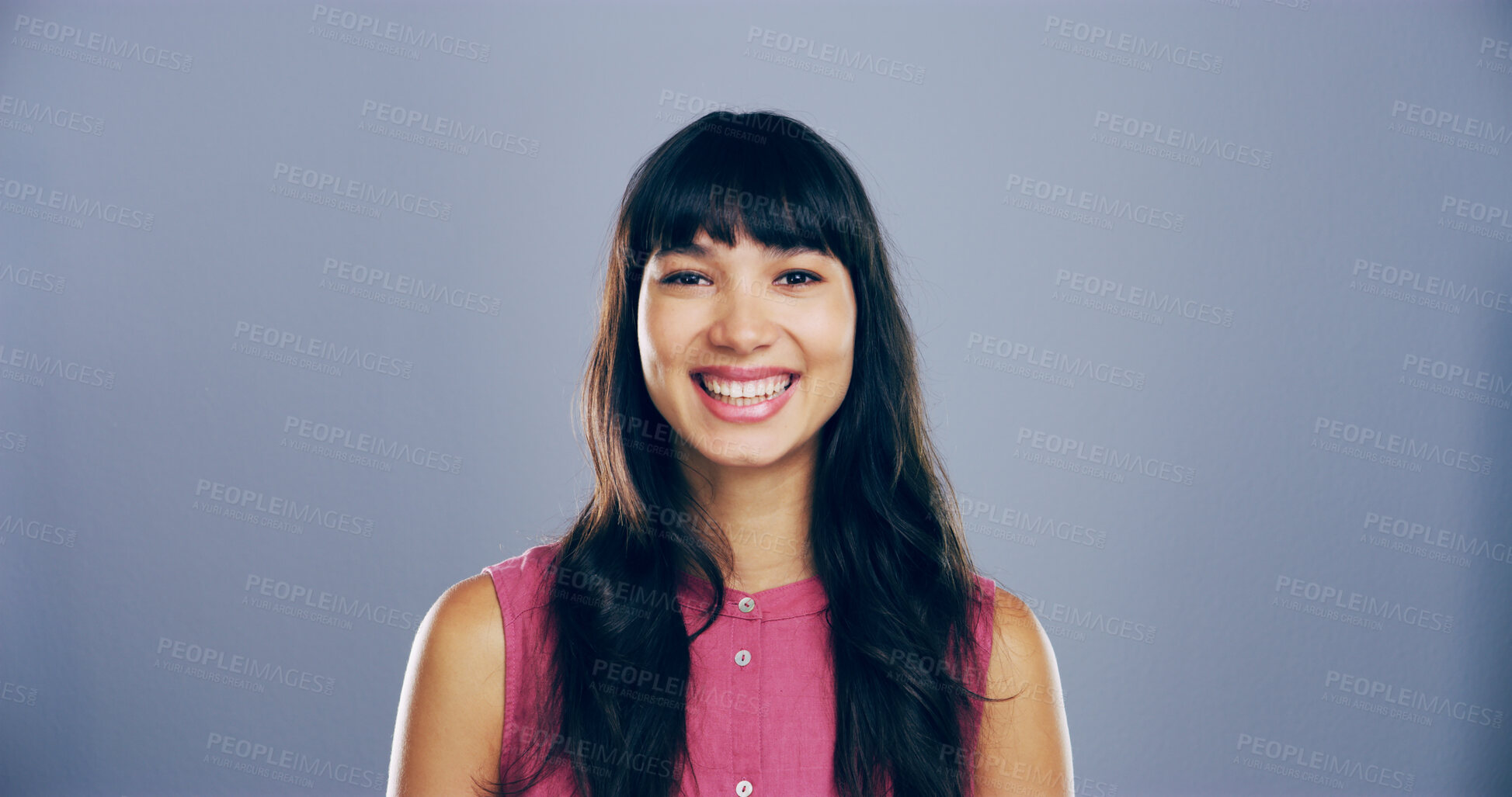 Buy stock photo Portrait, smile and space with student woman in studio for development, education or learning. College, scholarship and university with happy person on gray background mockup for knowledge or study