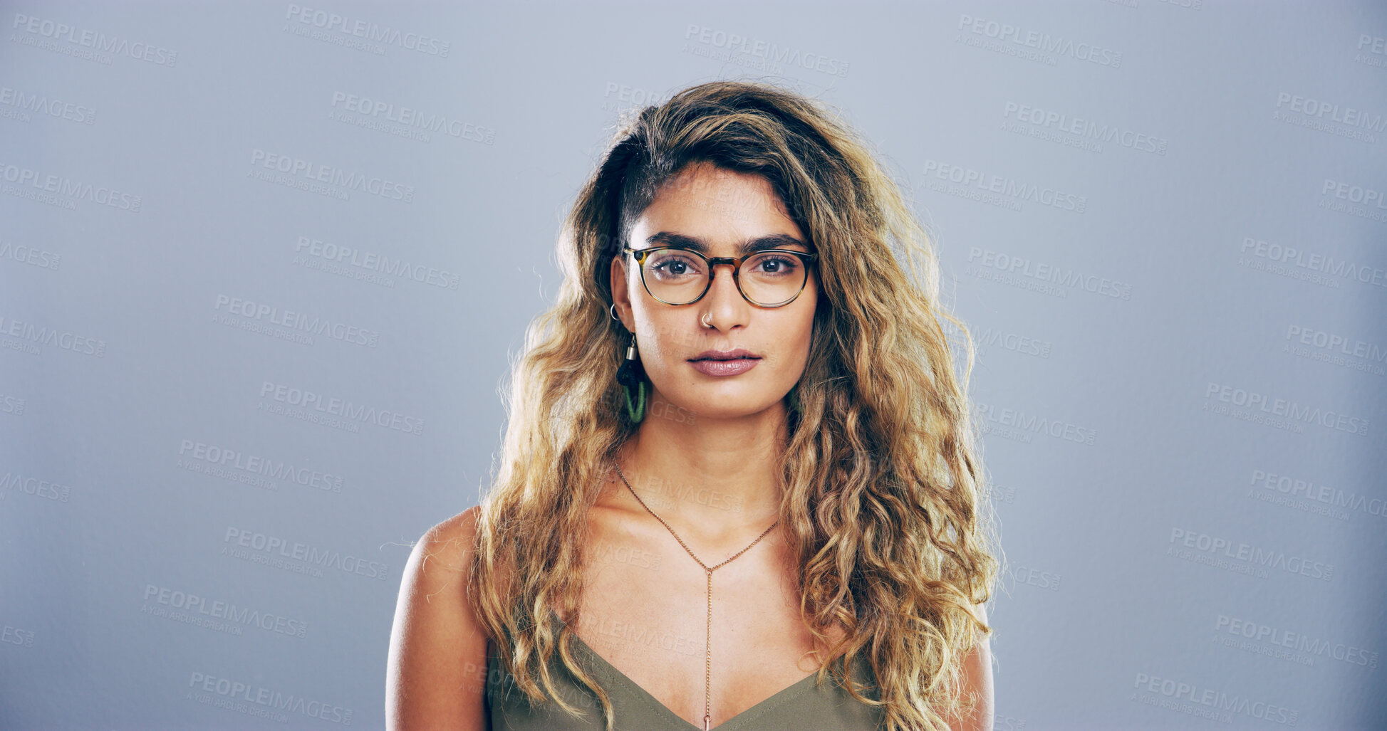 Buy stock photo Glasses, portrait and student with woman in studio for development, education or learning. College, space and university with intelligent person on gray background for back to school study or vision