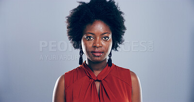 Buy stock photo Black woman, portrait and creative professional in studio, serious for career with pride and confidence. Business, about us and opportunity or growth as interior designer on gray background space