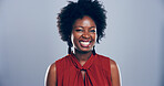 Black woman, smile and studio portrait with creative employee, pride and confident for freelance career on blue background. Writer, freelancer or author with happy professional by mockup space 