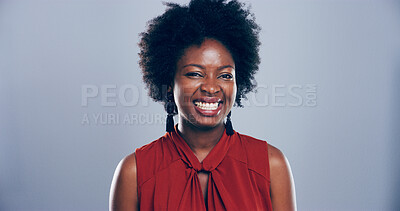 Buy stock photo Black woman, smile and studio portrait with creative employee, pride and confident for freelance career on blue background. Writer, freelancer or author with happy professional by mockup space