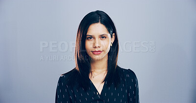 Buy stock photo Worker, professional and portrait of woman in studio for freelance career, creative and journalism. Mockup space, business and isolated person for news agency, publisher and job on gray background