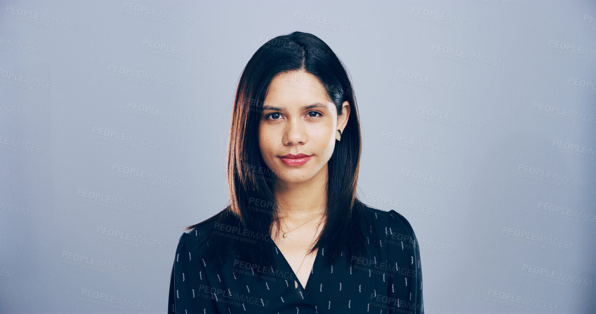 Buy stock photo Worker, professional and portrait of woman in studio for freelance career, creative and journalism. Mockup space, business and isolated person for news agency, publisher and job on gray background