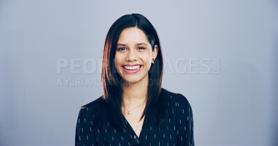 Buy stock photo Portrait, writer and business woman in studio, journalist and reporter isolated on gray background. Creative, smile and confident person, professional and publisher with mockup space in Spain
