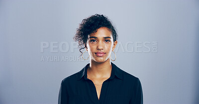 Buy stock photo Serious, professional and portrait of woman on gray background for freelance career, editing and journalism. Mockup space, business and isolated person for news agency, publisher and job in studio