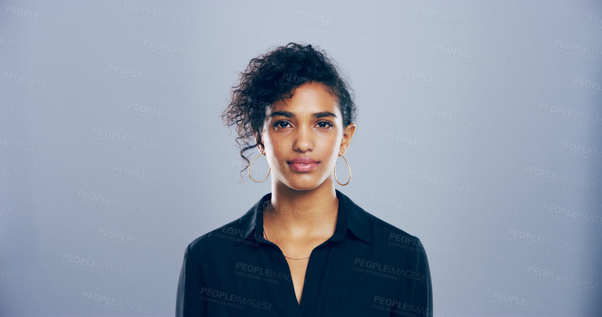 Buy stock photo Serious, professional and portrait of woman on gray background for freelance career, editing and journalism. Mockup space, business and isolated person for news agency, publisher and job in studio