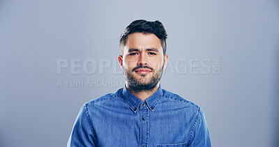 Buy stock photo Confused, portrait and student with man in studio for development, education or learning. College, doubt and frown with person in university on gray background mockup for back to school or study