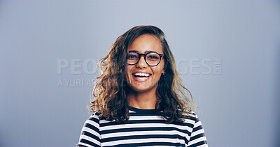 Buy stock photo Laughing, portrait and student with woman in studio for development, education or learning. College, happy and university with funny person on gray background mockup for back to school humor