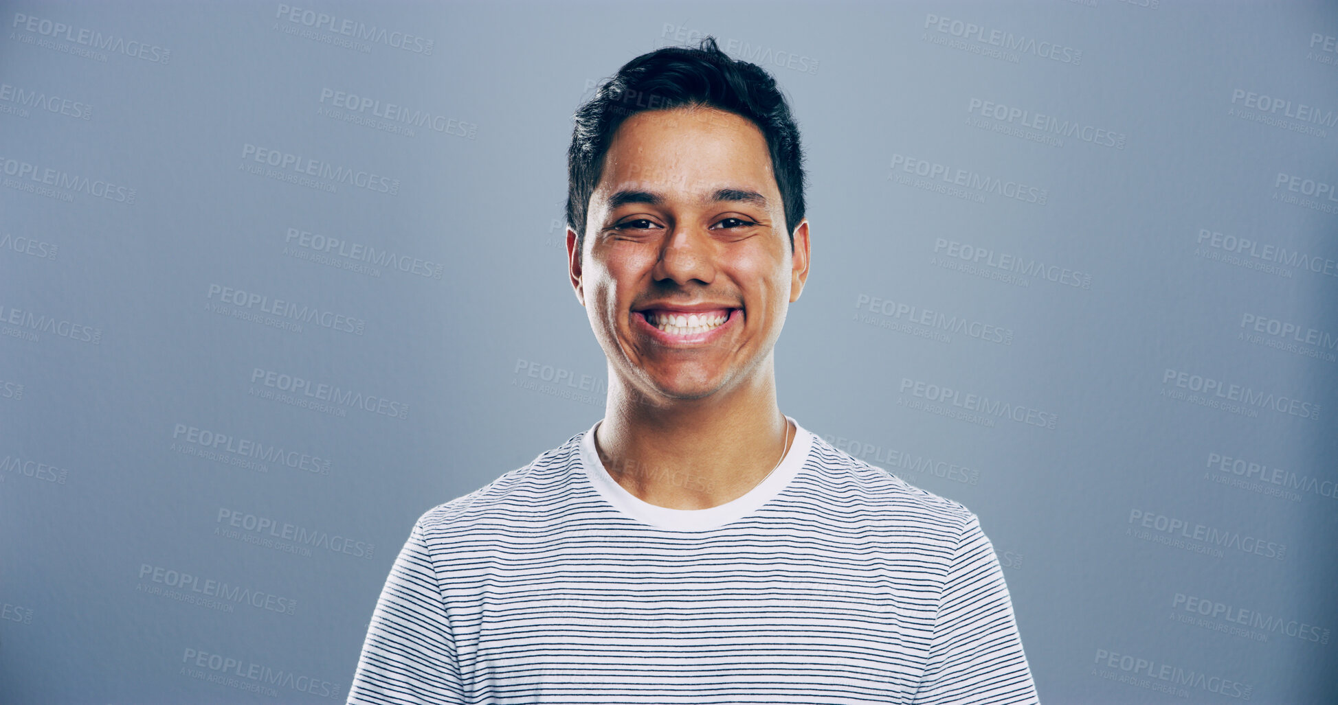 Buy stock photo Man, happy and studio portrait with creative employee, pride and confident for freelance career on blue background. Writer, freelancer or male author person with smile on face by mockup space