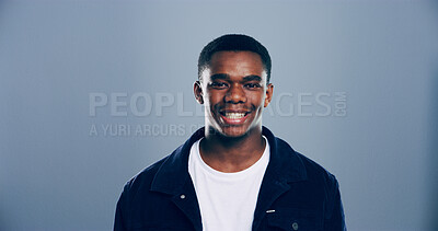 Buy stock photo Portrait, space and student with black man in studio for development, education or learning. College, scholarship or university with confident person on gray background mockup for academic curriculum