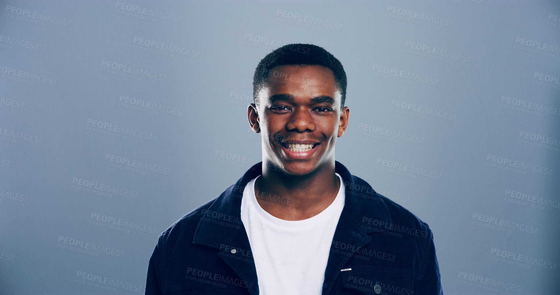 Buy stock photo Portrait, space and student with black man in studio for development, education or learning. College, scholarship or university with confident person on gray background mockup for academic curriculum