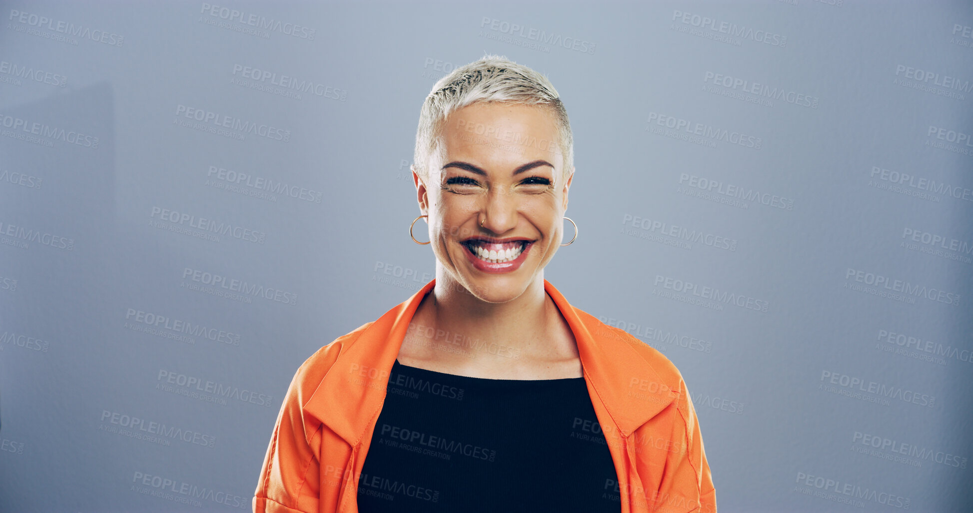 Buy stock photo Happy woman, smile and studio portrait with creative employee, pride and confident for freelance career. Writer, freelancer or author with positive attitude by mockup space on blue background